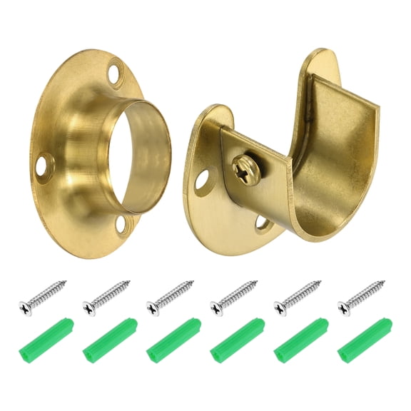Uxcell 2 Pack Closet Pole Sockets, 1" 304 Stainless Steel Flange Rod Holder, 0.6" Height Closet Rod End Supports with Screws for Closet Wardrobe Shower Curtain, Gold