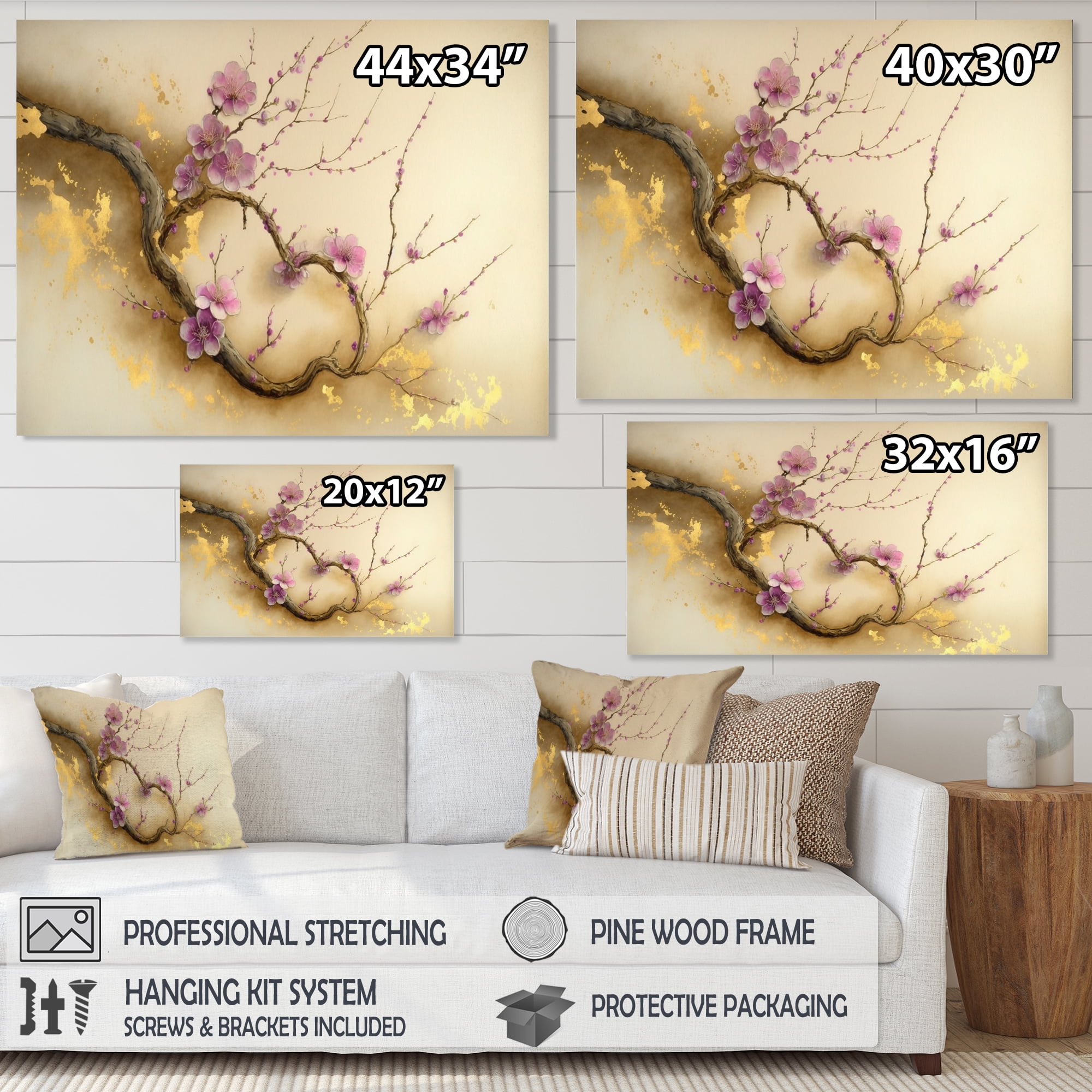 Designart Pink And Plum Cherry Blossom Branch VI Canvas Wall Art
