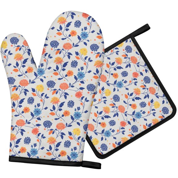 Pioneer Flower Floral Print Pattern 1-Pack Oven Mitts Set, Heat Resistant Kitchen Gloves, 7.7" X 12"