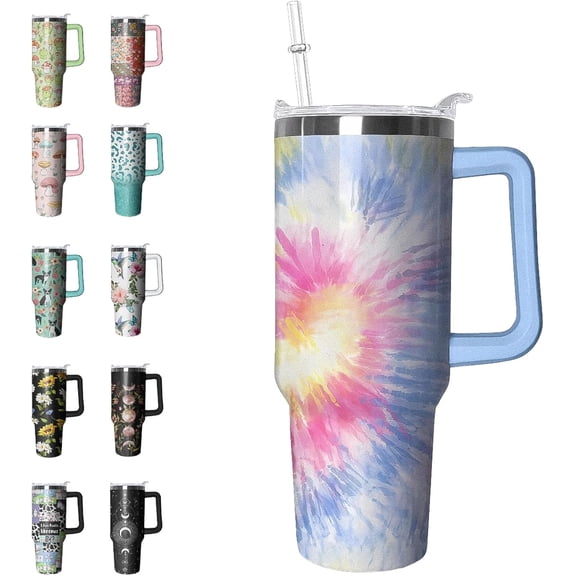 Tie Dye Tumbler 40 oz for Women - Leakproof Travel Mug, Insulated Water Bottle with Handle, Indigo Design