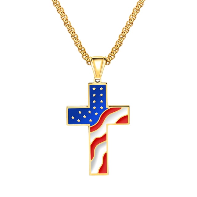 EeaseMX Colgante de cruz con la bandera estadounidense, diseño creativo, para hombre y niño (dorado con cadena)