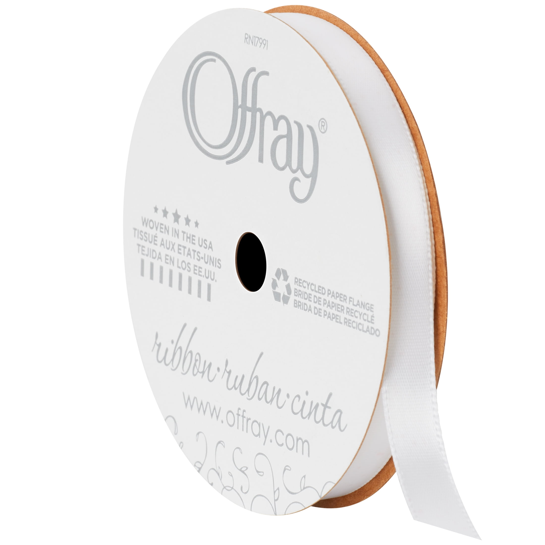 Offray Ribbon, White 3/8 inch Single Face Satin Polyester Ribbon, 18 feet