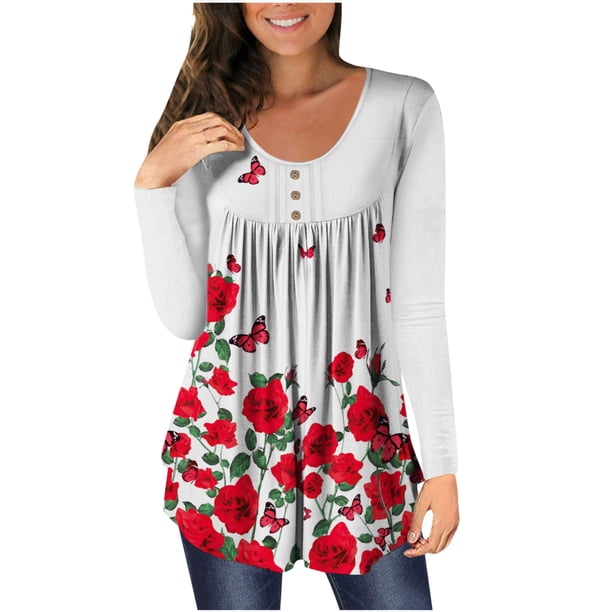 Blusa de manga larga con botones y cuello redondo para mujer Pompotops gfhjh1811