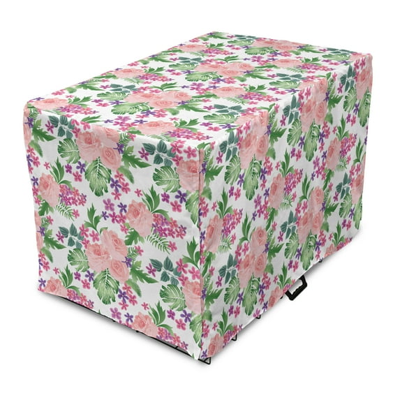 Rose Dog Crate Cover, Pastel Blooms Summer Garden Leaves Revival Bouquets Iris Foliage Pattern, Easy to Use Pet Kennel Cover Small Dogs Puppies Kittens, 7 Sizes, Coral and Multicolor, by Ambesonne