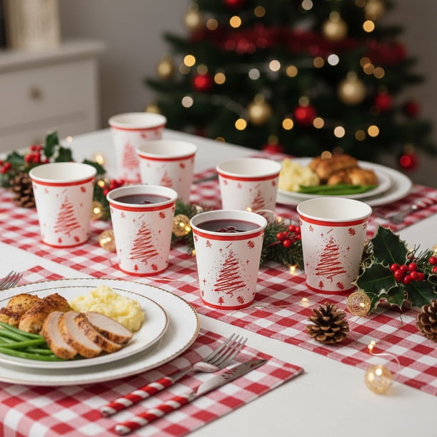 Vasos de Papel Desechables con Diseño Festivo de Árbol de Navidad Rojo - Vasos Duraderos para Todo Tipo de Bebidas y Uso Diario (16 Unidades)