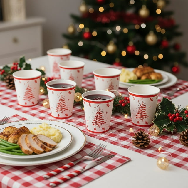 Vaidha Disposable Christmas Paper Cups with Festive Red Tree Pattern | 16 Count | Durable Drinking Cups for Hot & Cold Beverages | Holiday Party Supplies