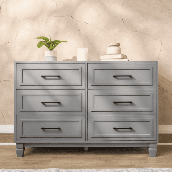 Farmhouse Dresser for Bedroom, 6 Drawer Dresser with Unique Solid Wood Legs, Modern Wide Chest Dressers for Clothes, Closet, Living Room, Grey
