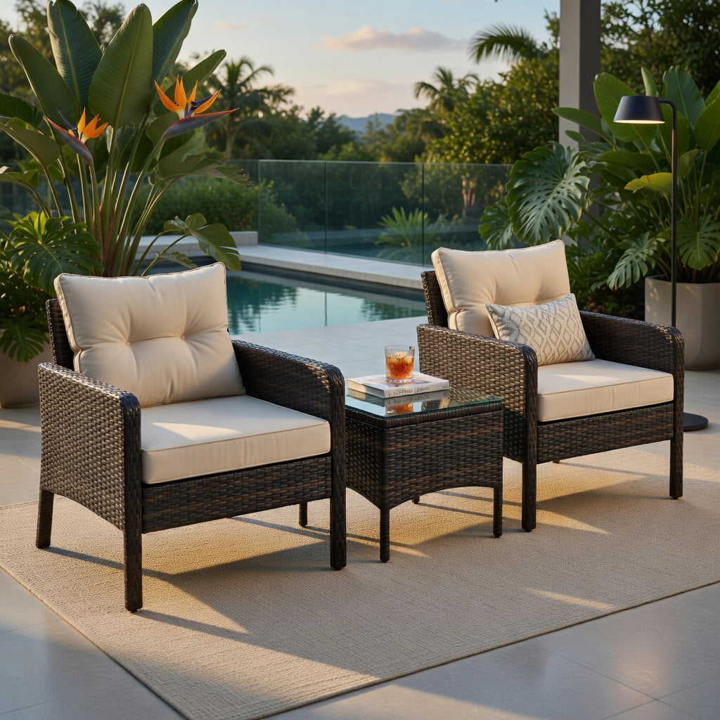 Hommoo 3-Piece Outdoor Wicker Patio Conversation Set with Plush Seat & Back Cushions, PE Rattan Chairs + Tempered Glass Coffee Table, Brown