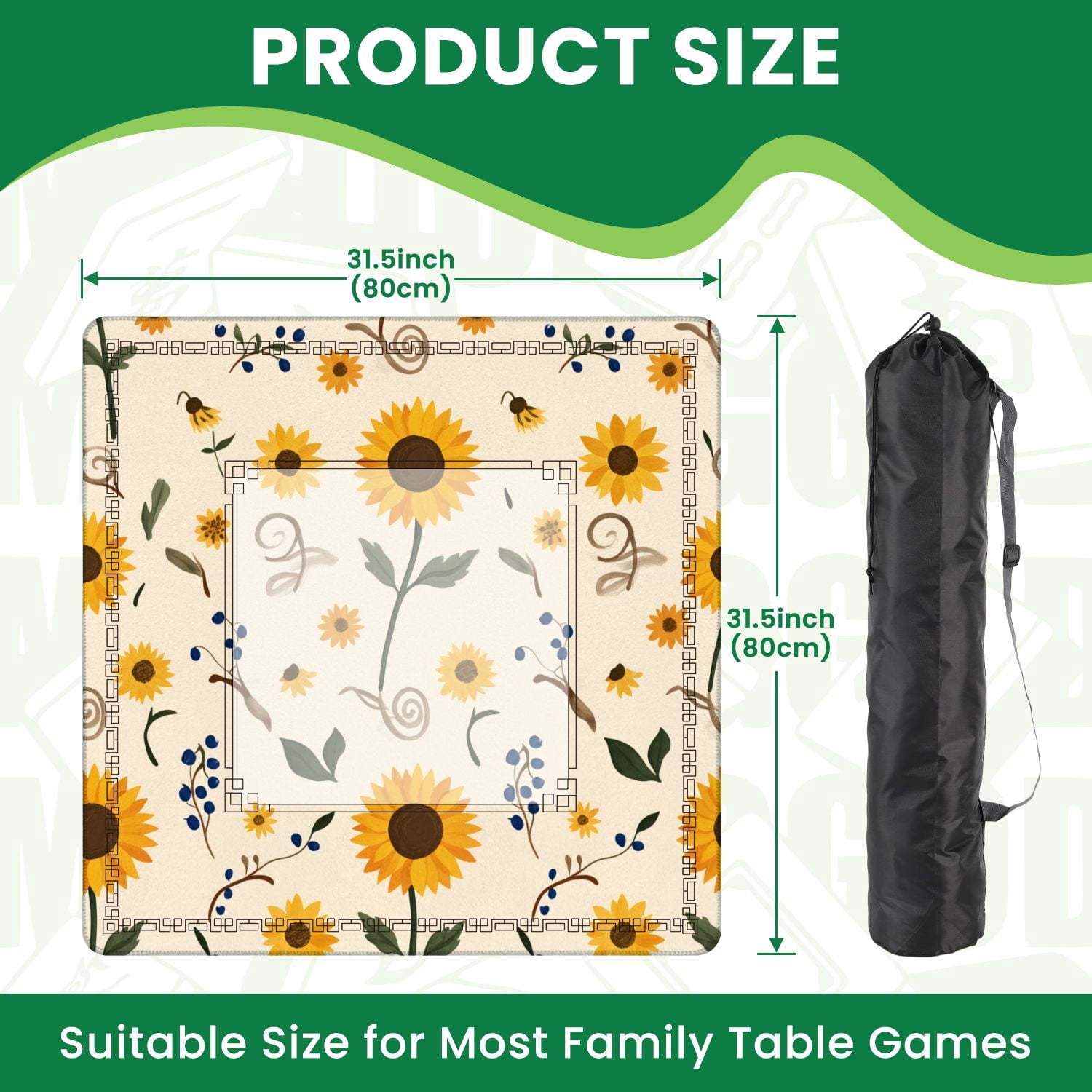 Mahjong Mat 31.5" x 31.5" Seamless Sunflowers Yellow Petals Green Leaves Beige Non-Slip Noise Reduction American Mahjong Tiles Table Cover for Dominoes Poker Card Board Games Gift