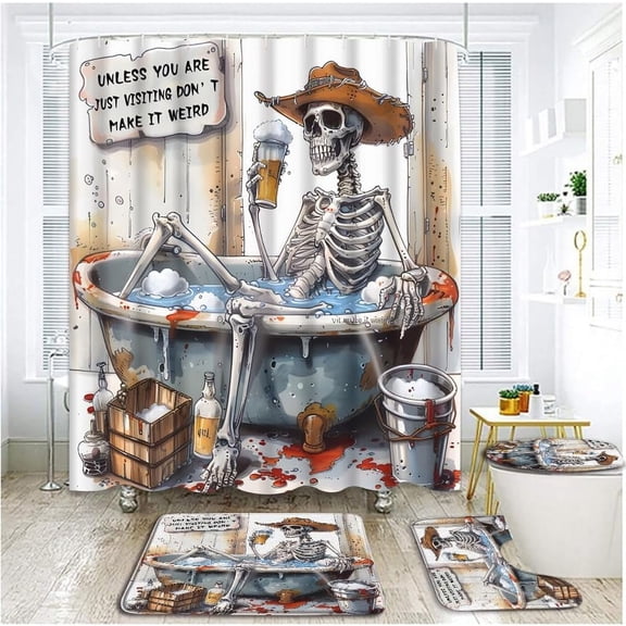 4 Piece Funny Skull Shower Curtain Set with Rugs, Toilet Lid Cover ,Western Country Creative Gothic Cowboy Bone in Bathtub Bubbles Halloween Skeleton Retro Modern Bathroom Shower Curtain with Hooks