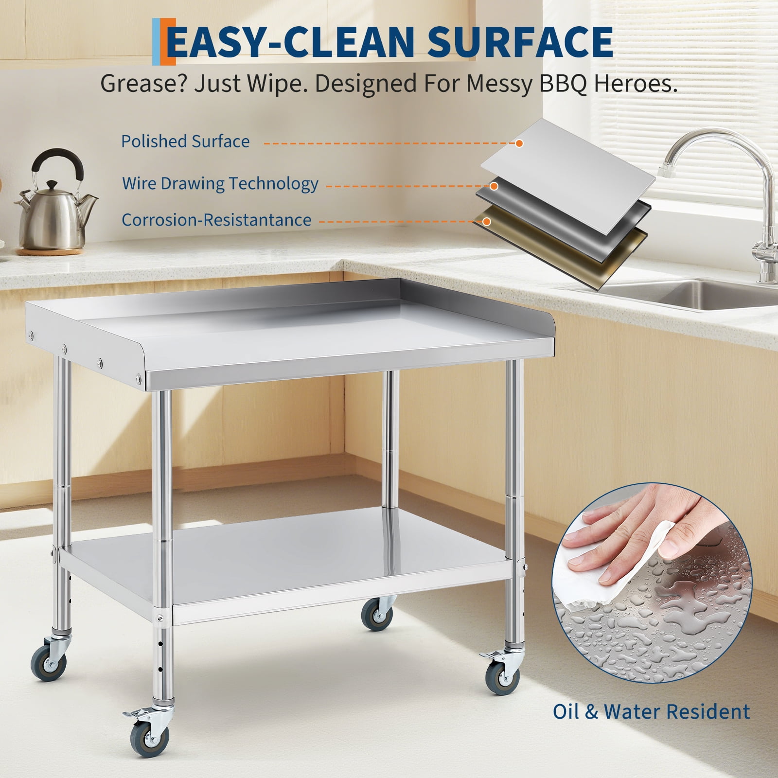 Ataujin Heavy-Duty Stainless Steel Table on Wheels with Removable backsplash. Commercial Food Prep Worktable, A Versatile NSF Commercial-Grade cart for Food Service, Restaurant & Bar