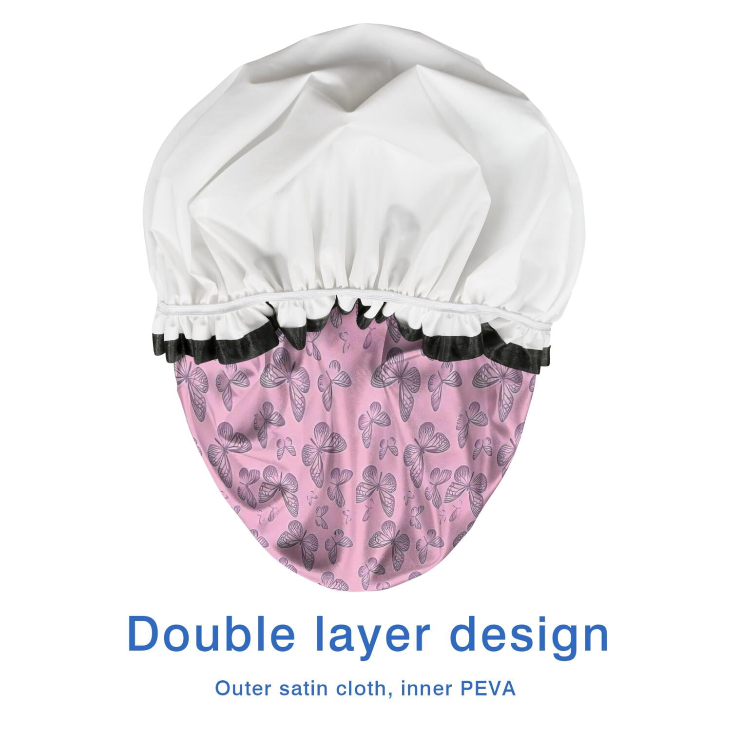 Shower Caps,Pink Butterfly Pattern Waterproof Shower Cap for Women 4 Pieces,Double Reusable Hair Cover for Shower PEVA Elastic Stretch Hem