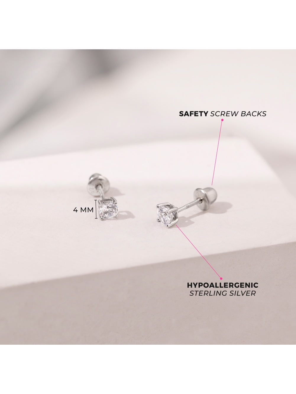 925 Sterling Silver 4mm CZ Stud Screw Back Solitaire Earrings Young Girls Teens