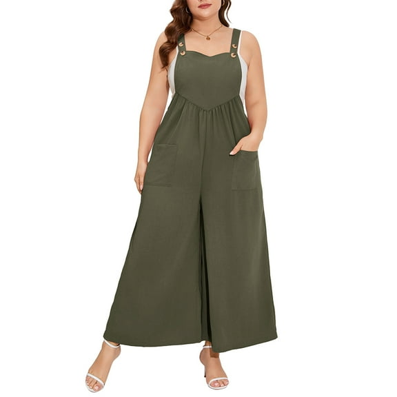Women's Plus Size Loose Sleeveless Jumpsuits Adjustable Spaghetti Strap Stretchy Long Pant