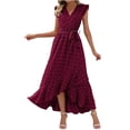 thumbnail image 7 of BiZtdJrK Maxi Dress for Women Warp V Neck Cap Sleeve Casual Summer Dresses Polka Dot Ruffle Slit Boho Dress Flowy Wedding Guest Dresses Wine S, 7 of 7