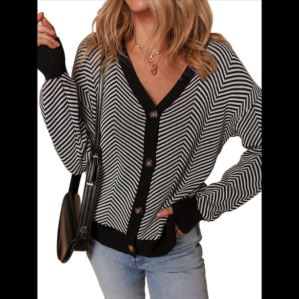 Cárdigan Informal de Punto Grueso A Rayas con Mangas Largas y Abertura Frontal para Mujer, Abrigos de Abrigo. Negro L