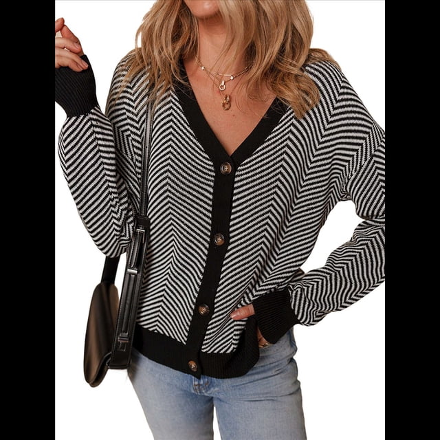 Cárdigan Informal de Punto Grueso A Rayas con Mangas Largas y Abertura Frontal para Mujer, Abrigos de Abrigo. Negro L