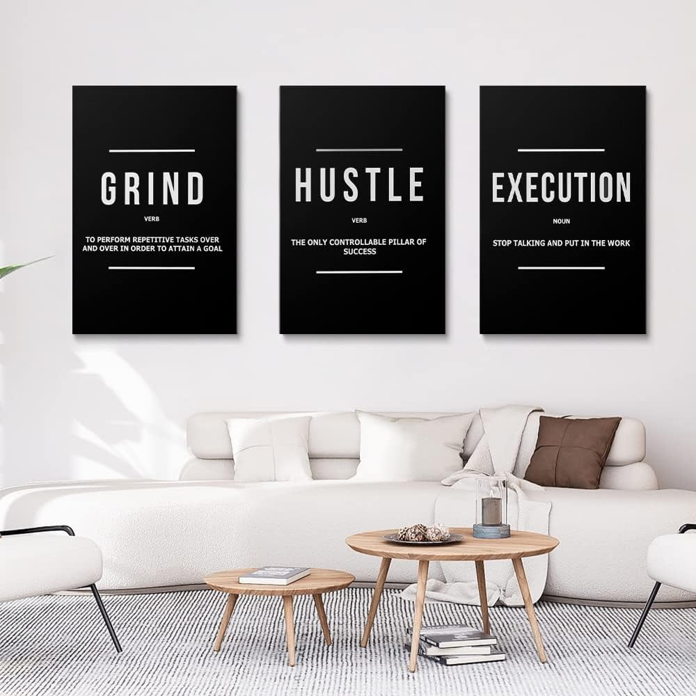 GUBIYU Hustle Grind Execution Wall Art Set of 3 Framed Canvas Black Motiviational Wall Art Home Office Wall Decor Inspirational Positive Quotes Posters Success Entrepreneur Gifts for Mens Guys 12"x16"