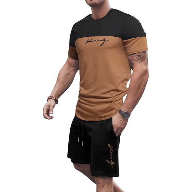 Conjunto de 2 piezas con estampado de letras para hombre, playera de manga corta con cuello redondo y pantalones cortos con cordón Negro y marrón Extra Grande Negro y marrón Extra Grande Xishao ropa