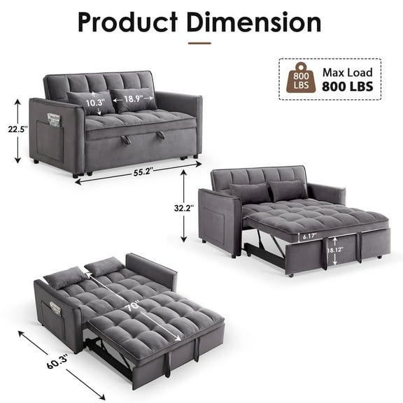 AISWORD 3 in 1 Convertible Sleeper Sofa Bed for Living Room, 55" Velvet Pull Out Couch, Space-Saving Loveseat with Adjustable Back, Side Pocket and 2 Pillows, Gray