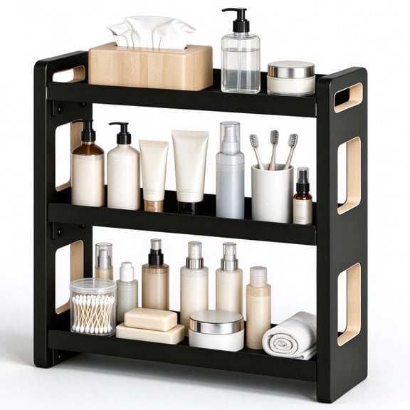 3-Tier Bathroom Counter Organizer, Wood Vanity Organizer for Makeup and Skincare Storage, Countertop Storage Shelf for Bathroom, Kitchen, Dorm, Black