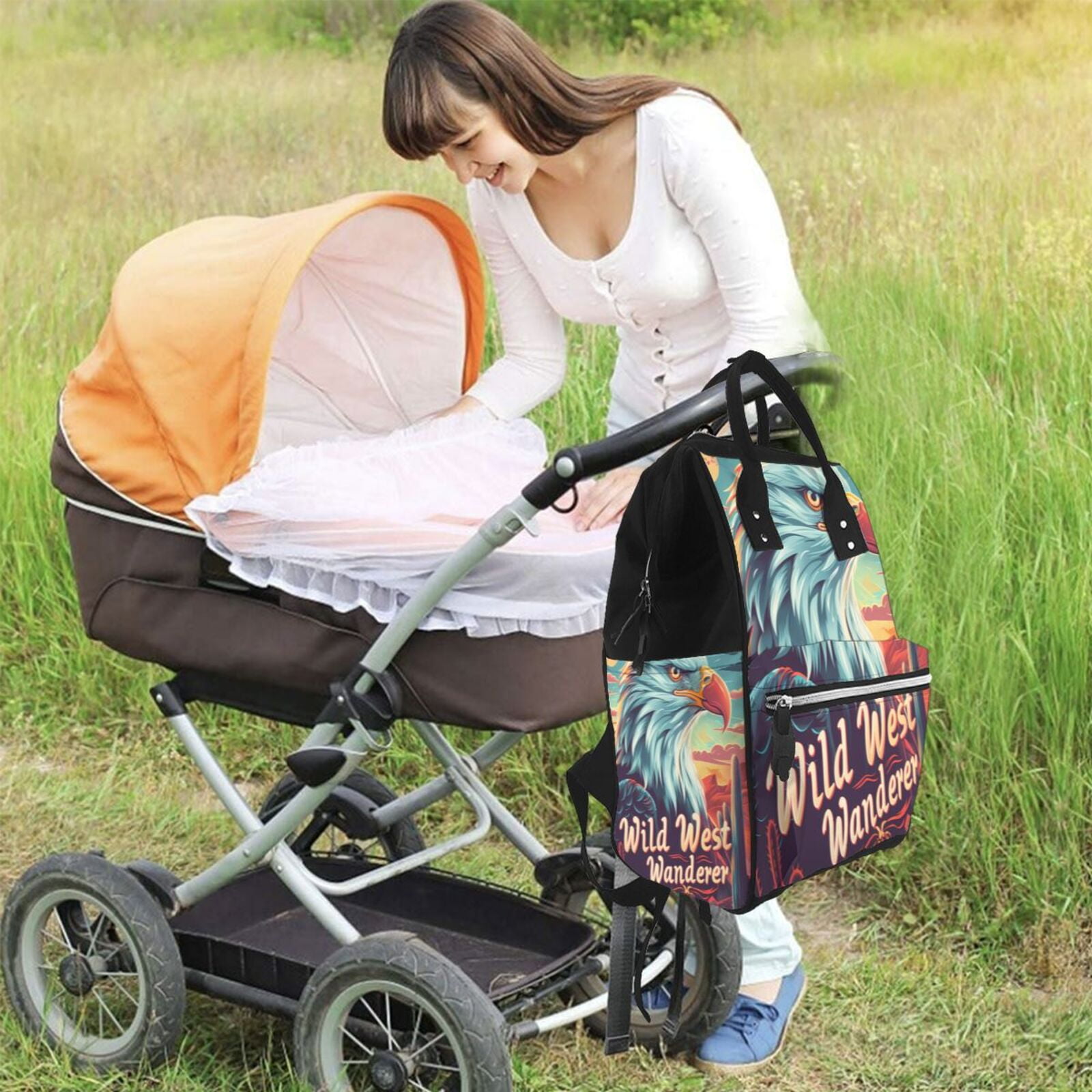 Fuzoiu Western Style Bald Eagle Print Diaper Bag Backpack,Baby Essentials Travel Tote,Multi function Waterproof Diaper Bag, Travel Essentials Baby Bag - Unisex
