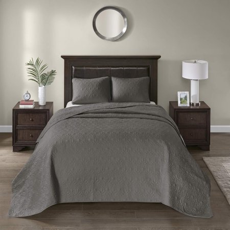 Quebec Reversible Quilt Set with Damask Design, Double Sided Stitching for All Seasons, Lightweight Bedspread Bedding Set with Matching Sham, Dark Grey, Full(96"x110") 3 Piece