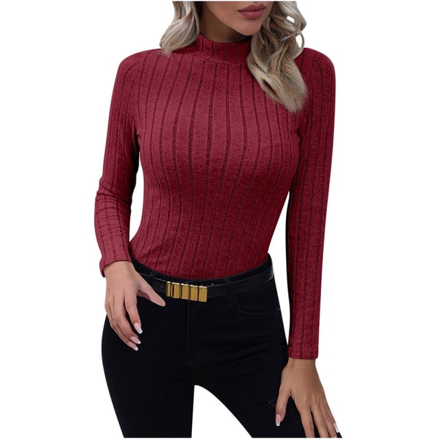 LNGOOR T-Shirts à Manches Longues pour Femmes Simulacre Col Roulé Slim Hauts Serrés en Tricot Côtelé Base de Tee-Shirt