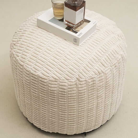 Round Stuffed Pouf Ottoman for Foot Rest 26" X 18" Faux Fur Poufs, Beige | Storage Ottoman Pouf Foot Stool Cushion with Foam Chunk Filling, Floor Chair for Living Room Bedroom Home Decor