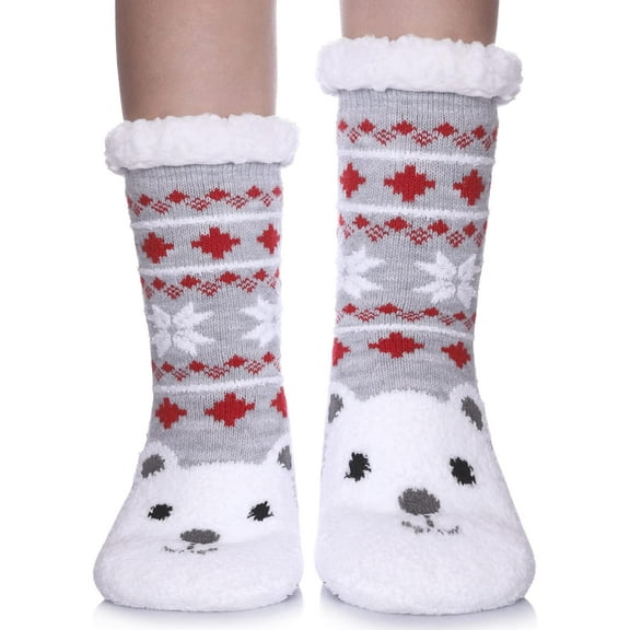 Boys Girls Slipper Socks Cute Animal, Fuzzy Winter Warm Fleece Lining Christmas Socks With Grippers (1Pairs)