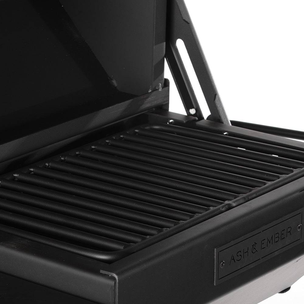 Ash & Ember Park-Style Grill/Smoker, 260 Sq. In Charcoal Grill with Cover, 17.5" x 11.5" Grate, Side Shelf for Food Prep & Accessories, Single Post Permanent Park-Style Grill for Outdoor Backyard BBQ