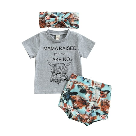

Baby Girls Summer Outfit Sets Short Sleeve Letter Print Tops + Cattle Head Print PP Shorts + Headband