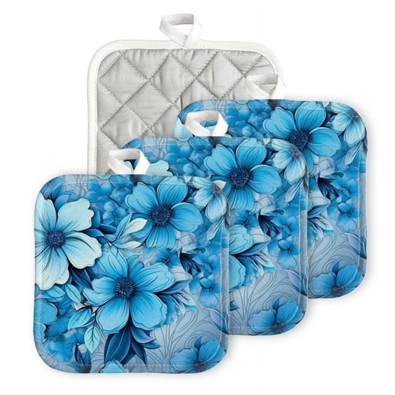 Bahomeck Pot Holder 4Pcs,Blue Flowers With Detailed And Vibrant In Shades Of Blue Square Heat Resistant Hot Pads For Kitchen Cooking Oven With Hanging Loop Potholder Easy To Store