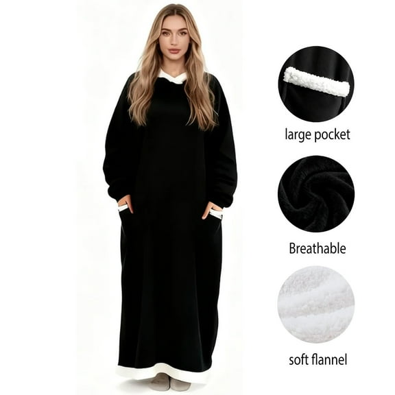 Black Sherpa Fleece Wearable Blanket, Oversized Hoodie Sweatshirt with Pocket (1-Pack)
