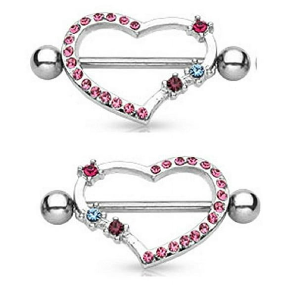 Nipple Ring CZ Paved Heart bar body Jewelry Pair