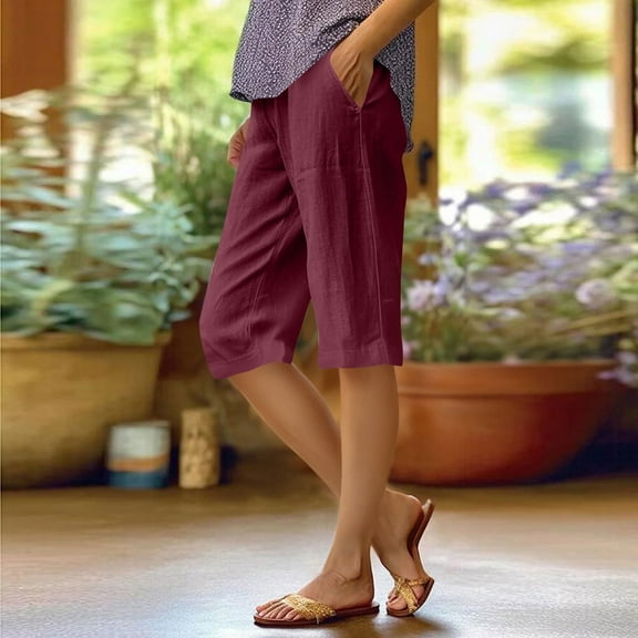 Bermuda Shorts for Women Petite Cotton Linen Knee Length High Waisted Pull On Baggy Shorts with Pockets Summer Casual Lounge Pants Wine M