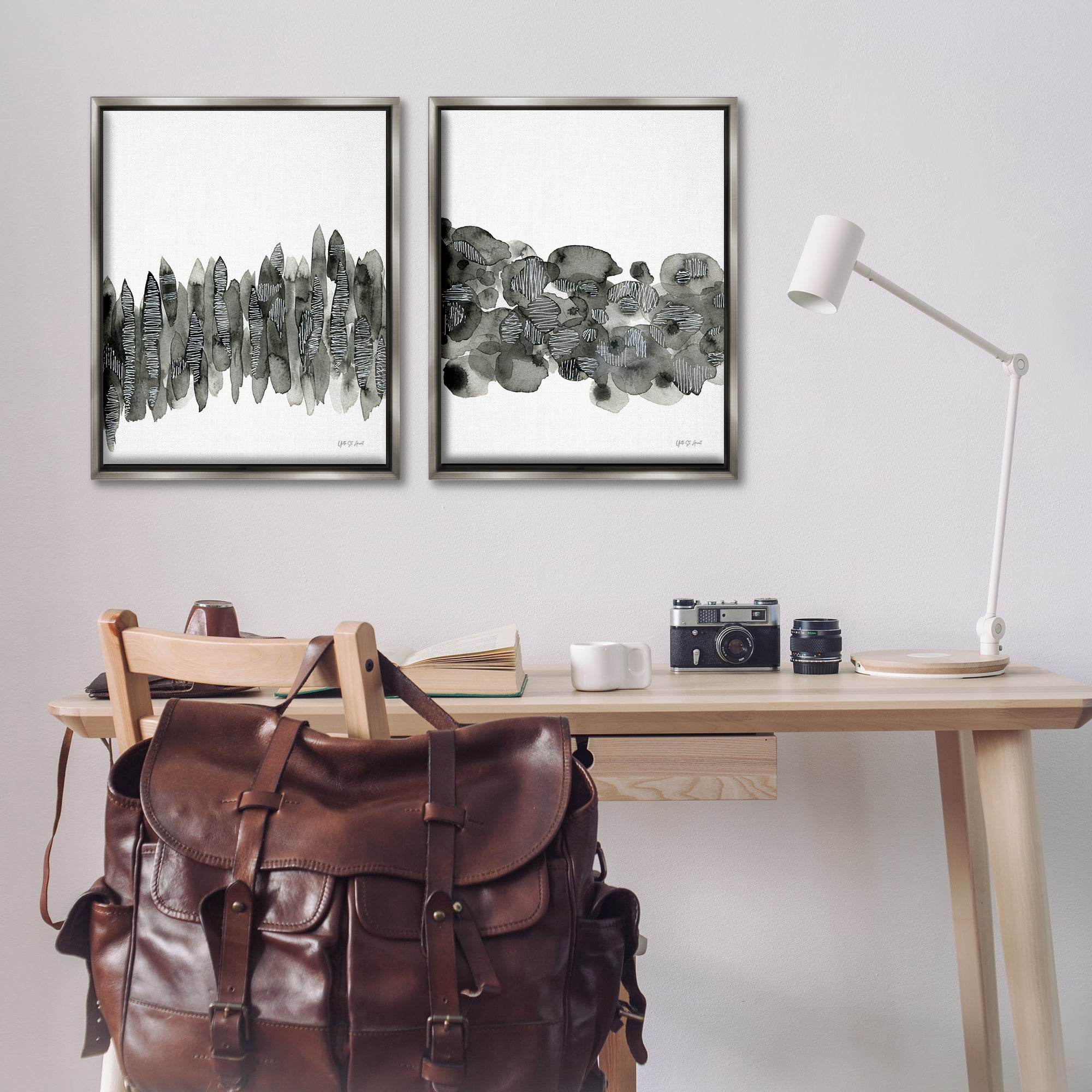 Stupell Industries Abstract Charcoal Kindling Abstract Painting Gray Floater Framed Canvas Art Print Wall Art, 31 x 25, Set of 2