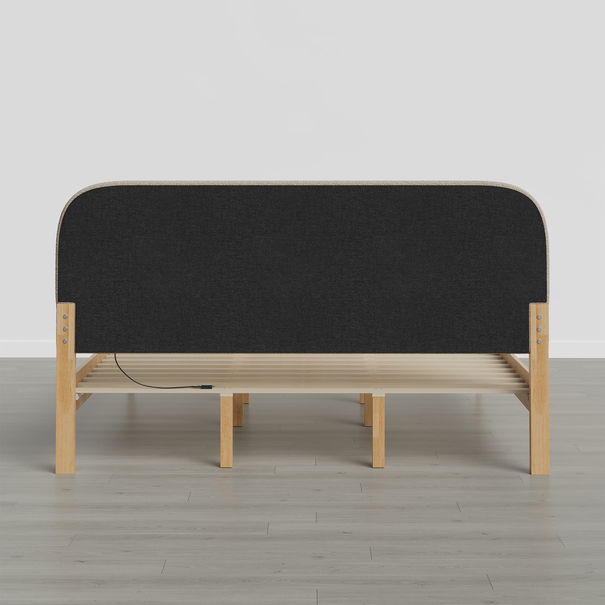 Spruce & Spring Modern King Bed Frame with Bouclé Headboard and Charging Ports, Oatmeal