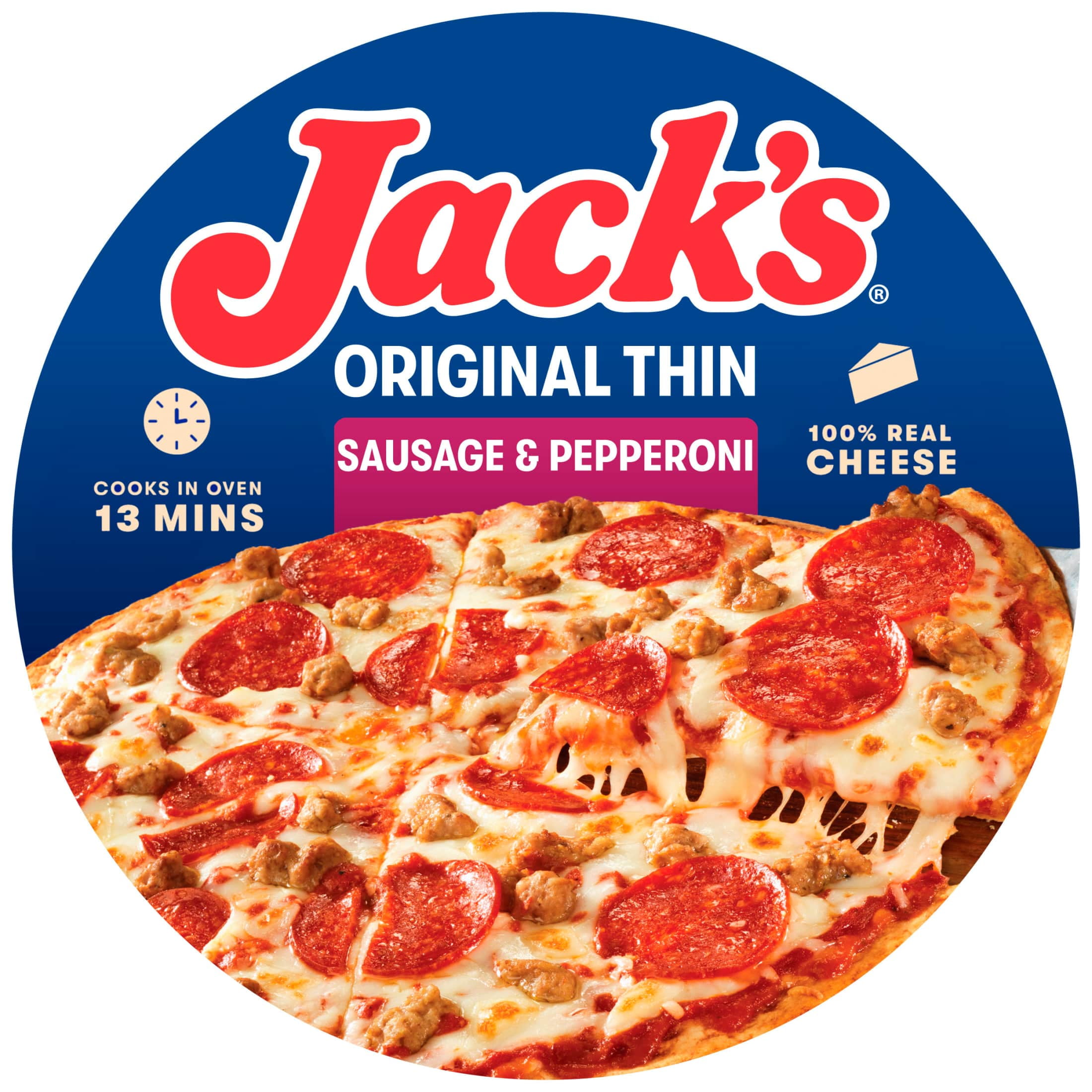 Jack's Frozen Meat Pizza, Sausage, Pepperoni and Cheese, Original Thin Crust Pizza for Grilling, 15 oz (Frozen)