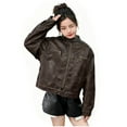 thumbnail image 2 of HWRETIE Fall Outfit Boys and Girls Leather Jacket Stand Collar Motorcycle Children's Velvet Leather Coat Brown, 2 of 9