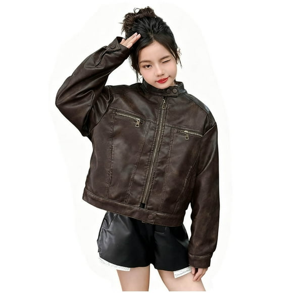 Lovzfmll Kid's Faux Leather Jacket with Stand Collar, Fleece Lined, Cool Biker Style for Little Girls, 5 Years