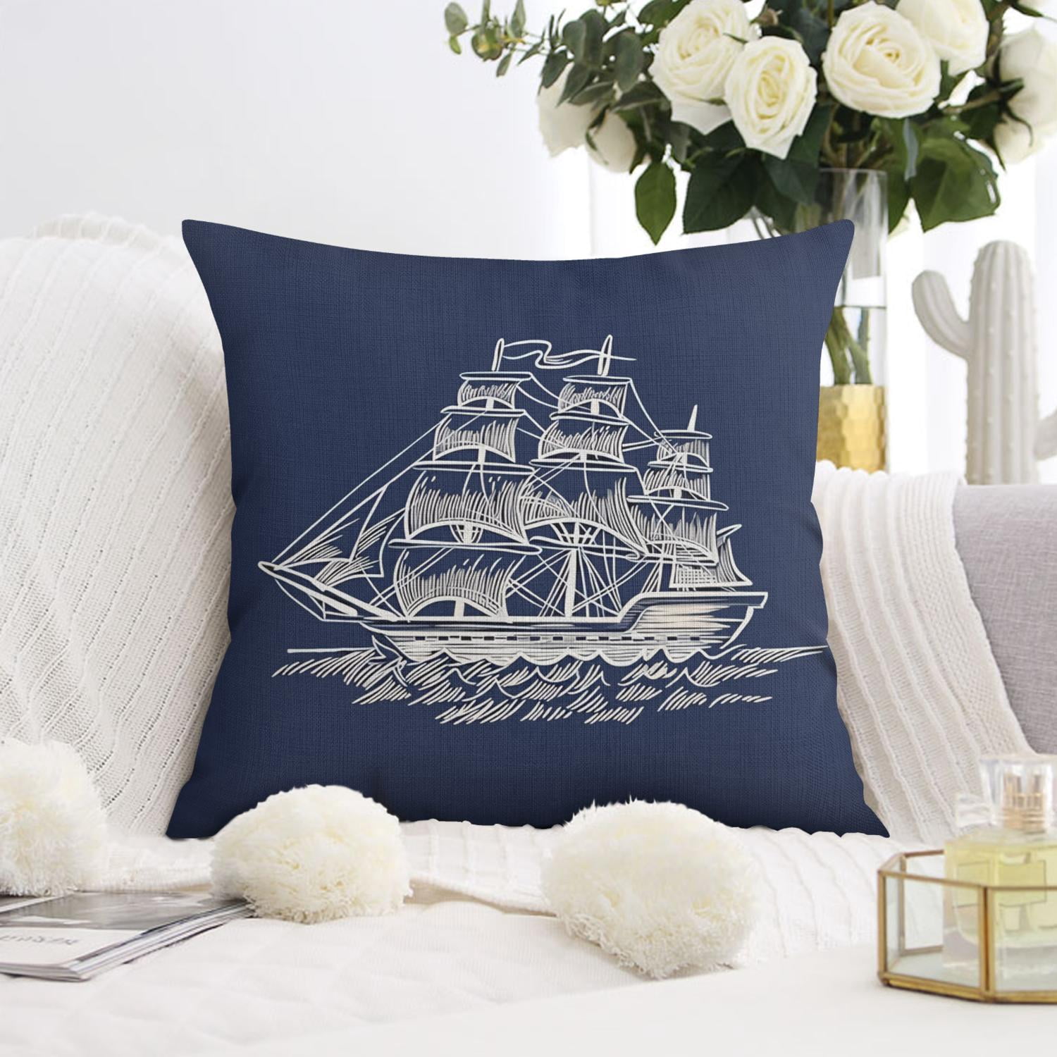 Blue Compass Anchor Sailboat Pillow Cases 16x16, Set of 2, Coastal Sailing Navigation Throw Pillow Cases, Ocean Theme Decorative Cushion Covers for Couch Sofa Living Room Home
