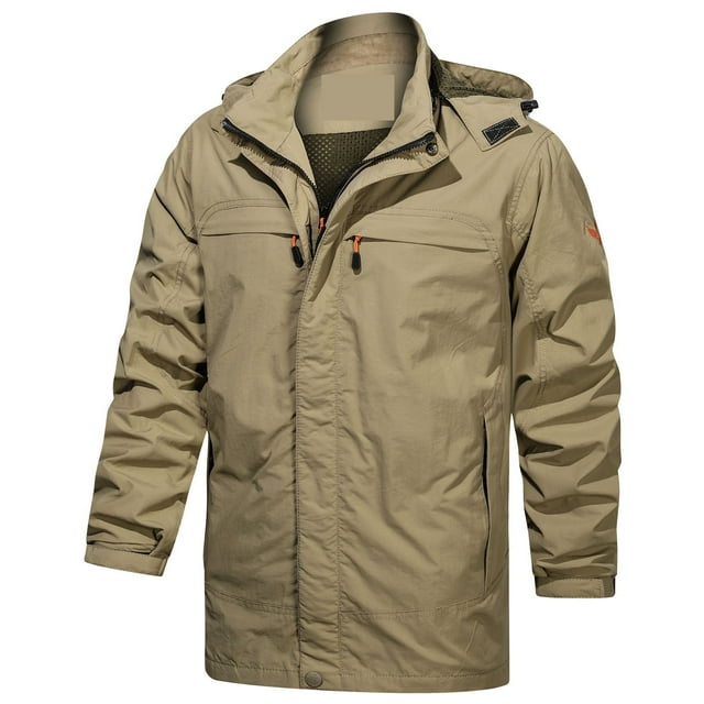 Savings Men's Warm Jacket Padded Solid Color Zipper Multi Pocket Sports Outdoor Rushing Jacket Plus Velvet Hooded Outwear Khaki XXXL