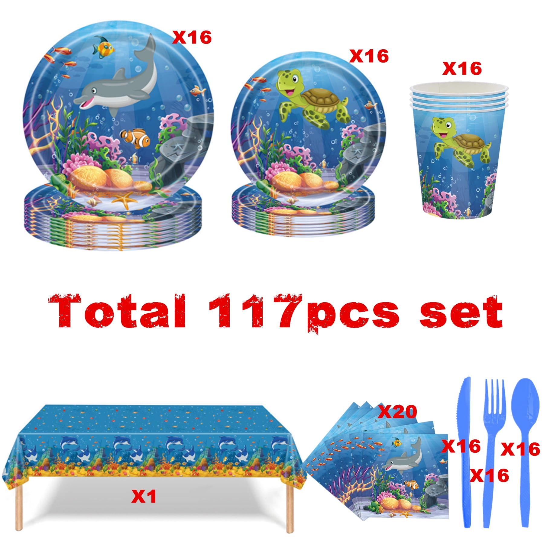 117Pcs Under The Sea Party Decorations, Ocean Birthday Party Plates and Napkins Sea Animal Theme Tableware Set, Underwater Creatures Table Decor Supplies, Serves 16 Guests
