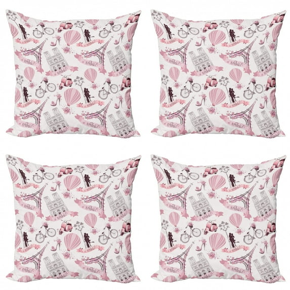 Ambesonne Eiffel Tower Throw Pillow Cover 4 Pack, Paris Honeymoon, 18", Pale Pink White