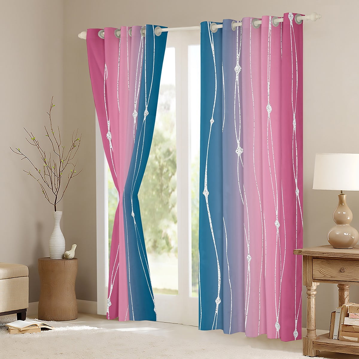 Erosebridal Navy Blue Pink Ombre Curtains & Drapes Geometric Abstract Blackout Curtains, Modern Wave Dots Curtains Gradient Watercolor Black Out Curtains, Aesthetic Lines Striped Window Drapes