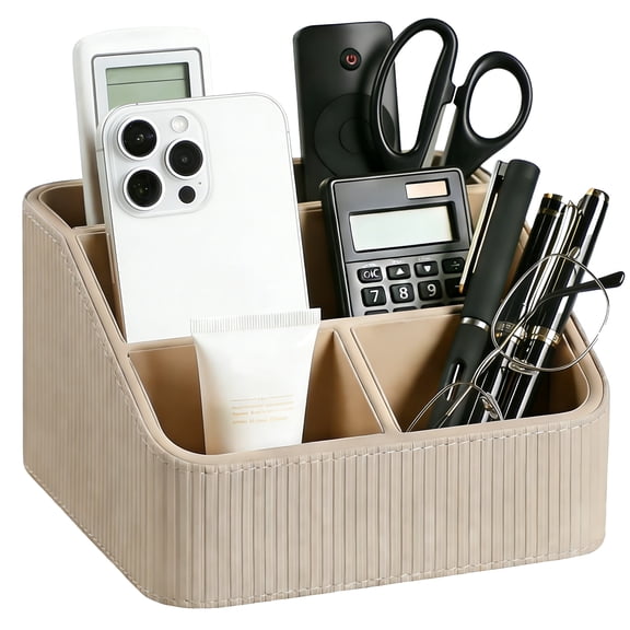 Topsome Remote Control Holder with 4 Compartments, PU Leather Nightstand Organizer Desk Caddy, Decorative Bedside Table Storage Organizer for TV Remote, Media Player, Home Office Supplies (Beige)