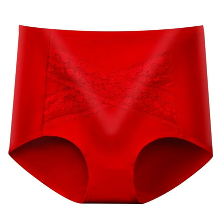 Diufon Oversized Underwear for Women High Waisted Lace Briefs Solid Color Butt-Lifting Cozy Panties L-2XL (XX-Large  Red)