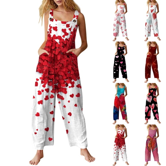 Youpwaven Valentine's Day Women's Sleeveless Heart Print Cotton Linen Jumpsuit - Casual Loose Fit Romper with Side Pockets for Spring Outings