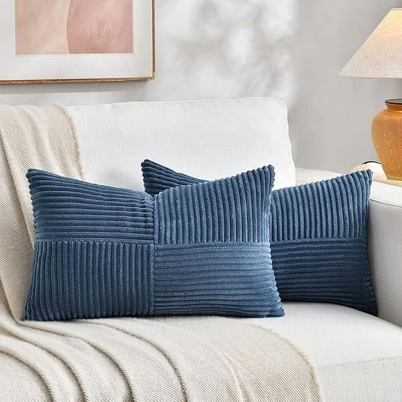 2 Packs Dusty Blue Lumbar Decorative Throw Pillow Covers 14x24 Inch for Couch Bed Sofa, Rustic Farmhouse Boho Home Decor, Soft Striped Corduroy Rectangle Accent Cushion Case 35x60 cm